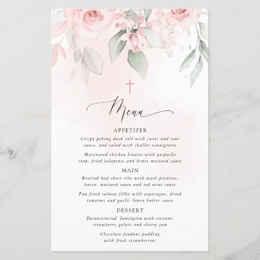 Blush Pink Flowers, Greenery, Boho, Baptism Menu (Vorderseite)