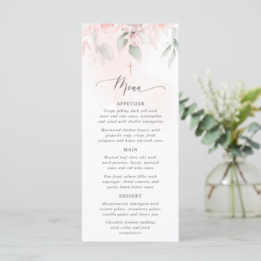 Blush Pink Flowers, Greenery, Boho, Baptism Menu Menükarte (Stehend Vorderseite)