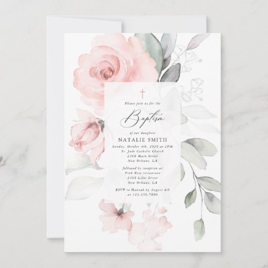 Blush Pink Flowers, Greenery, Boho, Floral Baptism Einladung (Vorderseite)