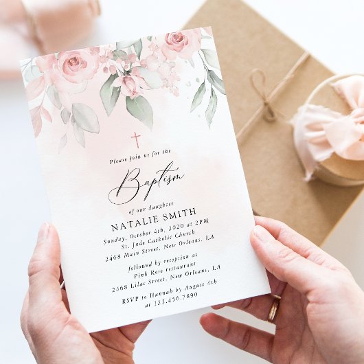 Blush Pink Flowers, Greenery, Boho, Floral Baptism Einladung
