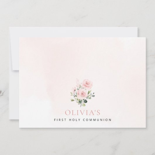 Blush Pink Flowers, Greenery, First Holy Communion Einladung (Rückseite)