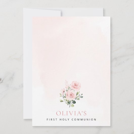 Blush Pink Flowers, Greenery, First Holy Communion Einladung (Rückseite)