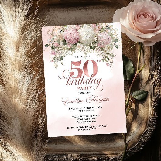 Blush Pink Flowers Rose Gold 50th Birthday Party  Einladung
