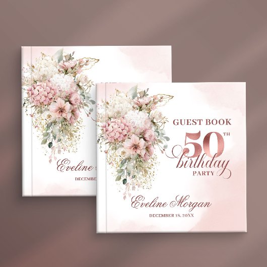 Blush Pink Flowers Rose Gold 50th Birthday Party  Gästebuch