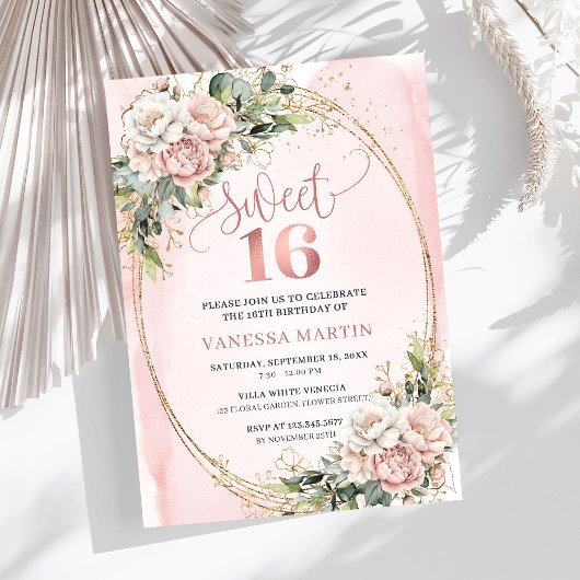 Blush Pink Flowers with Greenery Sweet Sixteen  Einladung