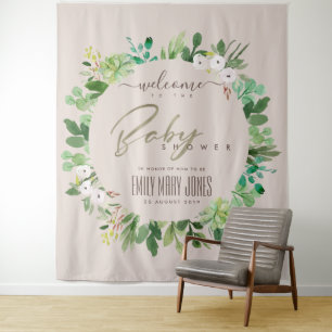 BLUSH PINK FOLIAGE WATERCOLOR BABY DUSCHE WILLKOMM WANDTEPPICH