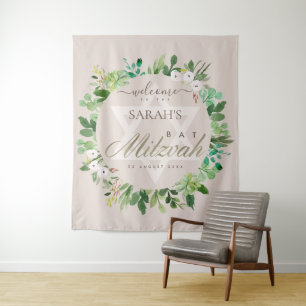 BLUSH PINK FOLIAGE WREATH STAR BAT MITZVAH WILLKOM WANDTEPPICH
