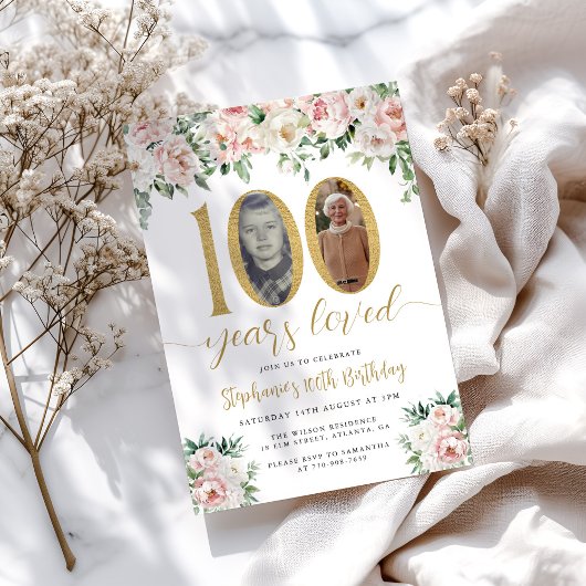 Blush Pink Foto 100. Geburtstag Einladung