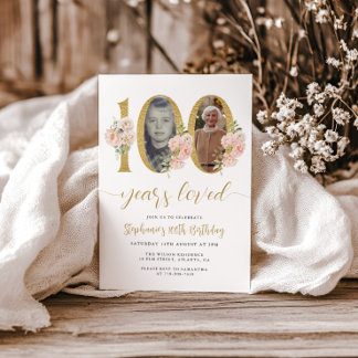 Blush Pink Foto 100. Geburtstag Einladung