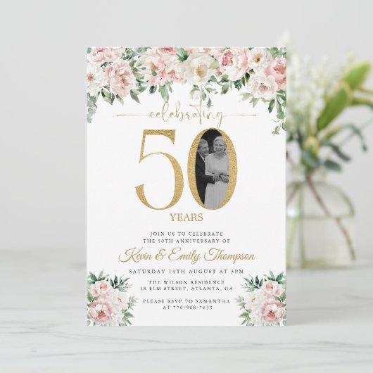 Blush Pink Foto 50 Jahre alt Einladung (Stehend Vorderseite)