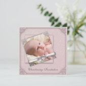 Blush Pink Foto Christening Einladung (Stehend Vorderseite)