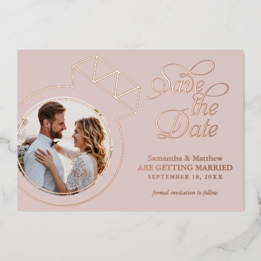 Blush Pink Foto Hochzeit speichern das Datum Folieneinladung (Vorderseite)