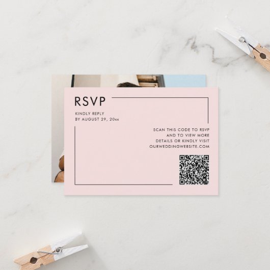 Blush Pink Foto QR Code Hochzeitsszenierung RSVP U Karte (Vorderseite/Rückseite Beispiel)