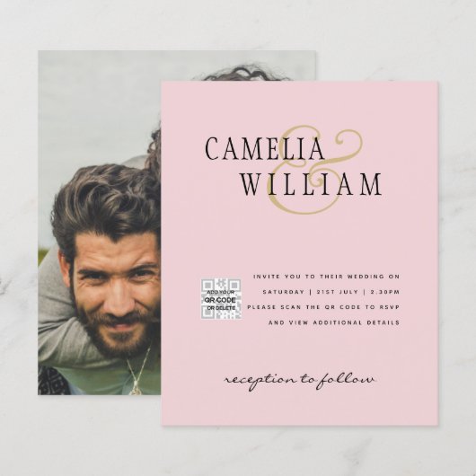 Blush PINK Foto Wedding Invite QR Code Retten Datu (Vorne/Hinten)