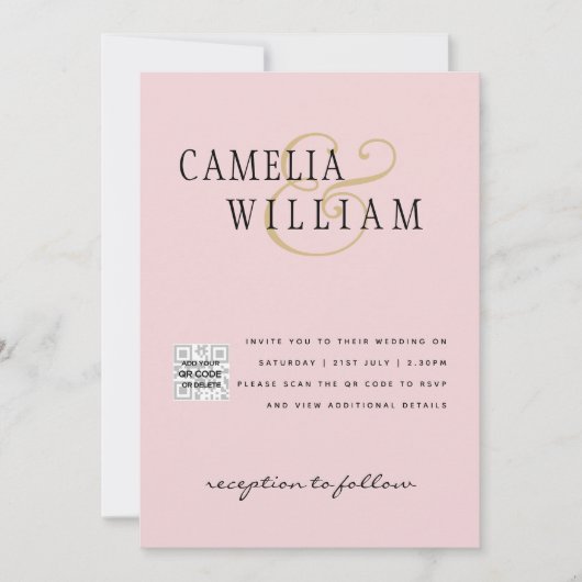 Blush PINK Foto Wedding Invite QR Code Retten Datu Einladung (Vorderseite)