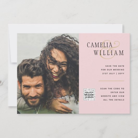 Blush PINK Foto Wedding Invite QR Code Retten Datu Einladung (Vorderseite)