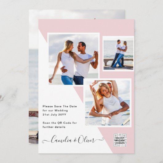 Blush PINK Foto Wedding Invite QR Code Retten Datu Einladung (Vorne/Hinten)