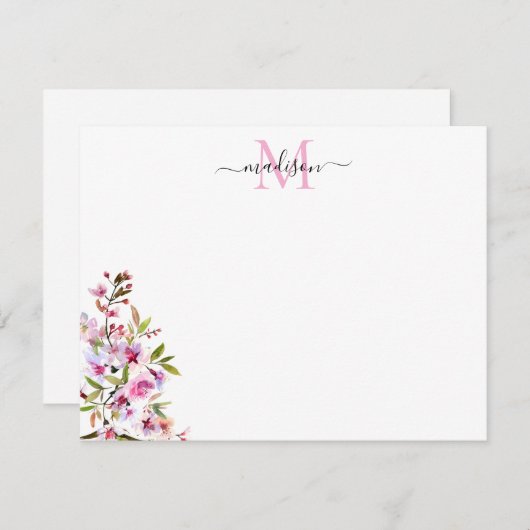Blush Pink Frühlingsbläserblüten Monogramm Mitteilungskarte (Vorne/Hinten)