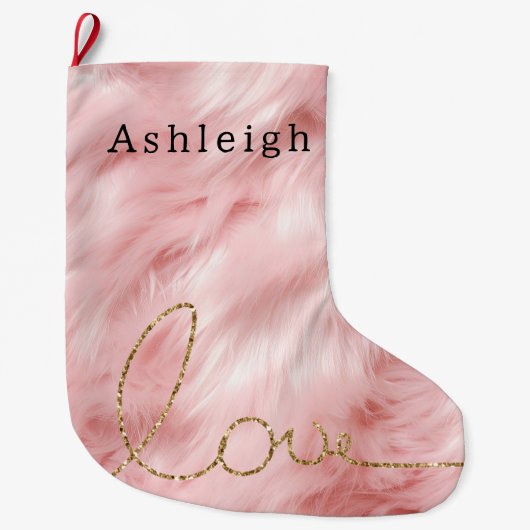 Blush Pink Fur Gold Glitzer Liebe Großer Weihnachtsstrumpf (Vorderseite)