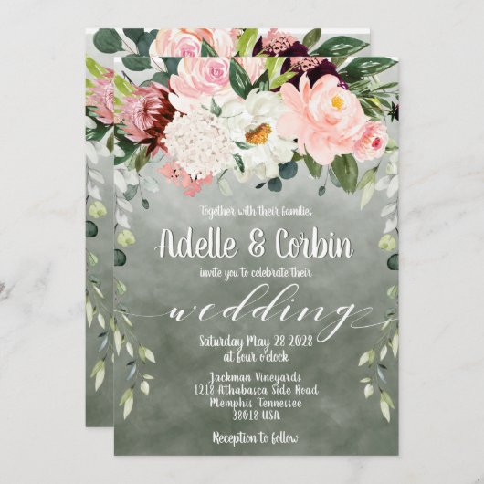 Blush Pink Garden Sage Green White Schriftart Hoch Einladung (Vorne/Hinten)