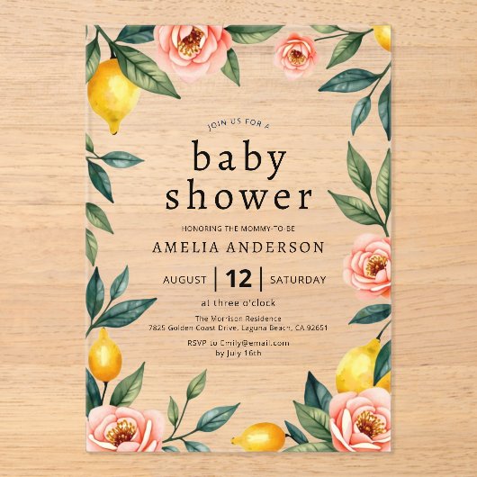 Blush Pink Gelb Lemon Zitronenfrüchte Babydusche Acryleinladungen (Vorderseite)