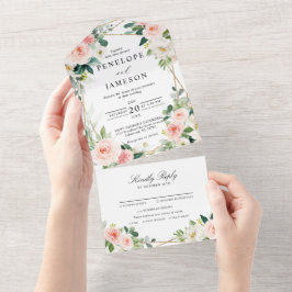 Blush Pink Geometric Botanical Wedding All In One Einladung