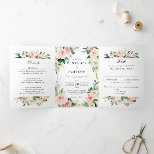 Blush Pink Geometric Botanical Wedding Dreifach-gefaltete Programmkarte (Innenseite)