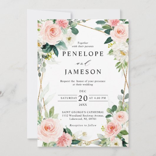 Blush Pink Geometric Botanical Wedding Einladung (Vorderseite)
