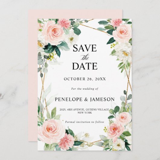 Blush Pink Geometric Botanical Wedding Save The Date (Vorne/Hinten)