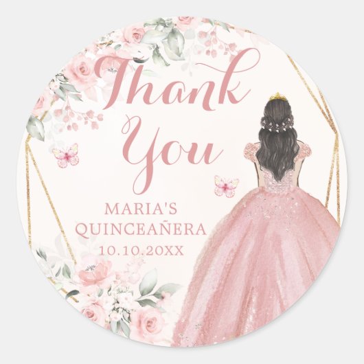 Blush Pink Geometric Floral Quinceañera Vielen Dan Runder Aufkleber (Vorderseite)