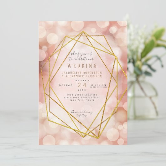 Blush Pink Geometric Gold Glitzer Twinkle Lights Einladung (Stehend Vorderseite)