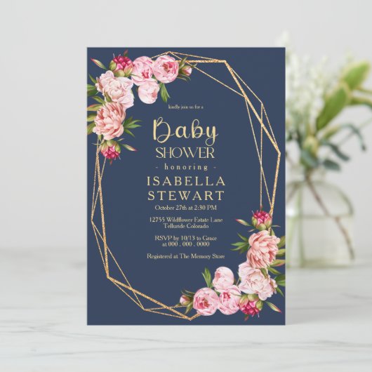 Blush Pink Geometric Royal Blue Navy Baby Dusche Einladung (Stehend Vorderseite)