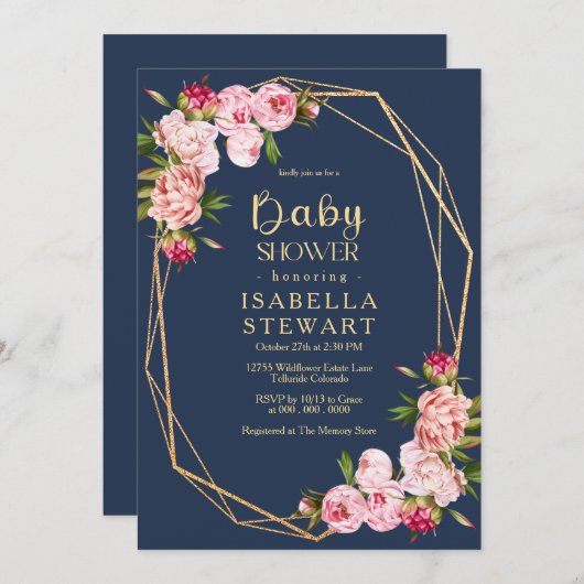Blush Pink Geometric Royal Blue Navy Baby Dusche Einladung (Vorne/Hinten)