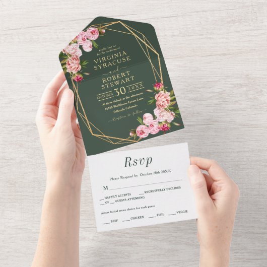 Blush Pink Geometric Royal Green Wedding All In One Einladung (Abreißen)