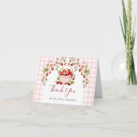 Blush Pink Gingham Berry in love Bridal Shower Dankeskarte (Vorderseite)