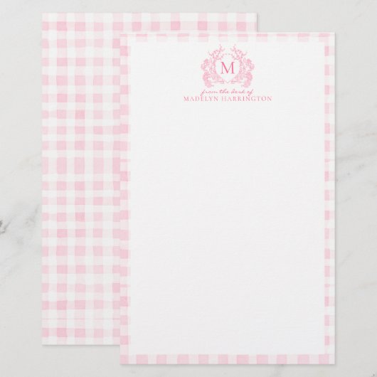 Blush Pink Gingham Floral Crest Monogram Briefpapier (Vorne/Hinten)