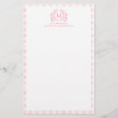Blush Pink Gingham Floral Crest Monogram Briefpapier (Vorderseite)
