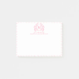 Blush Pink Gingham Floral Crest Monogram Post-it Klebezettel