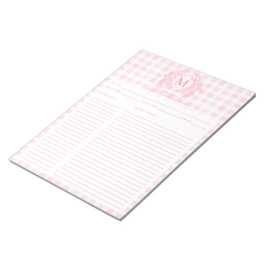 Blush Pink Gingham Floral Crest Monogram Recipe Notizblock (angewinkelt)