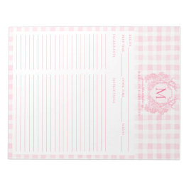 Blush Pink Gingham Floral Crest Monogram Recipe Notizblock