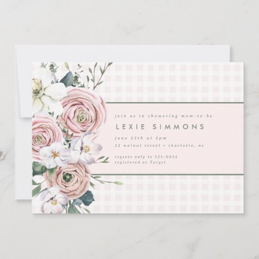 Blush Pink Gingham Flower Garden Baby Girl Dusche Einladung (Vorderseite)