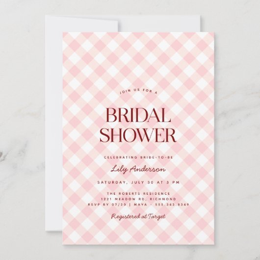 Blush Pink Gingham | Frühlingsspicknick-Brautparty Einladung (Vorderseite)