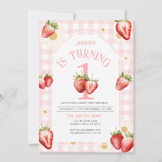 Blush Pink Gingham Strawberry Daisy Birthday Einladung (Vorderseite)