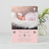 Blush Pink Girl Hearts Christening Taufe Foto Einladung (Stehend Vorderseite)