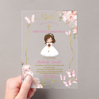 Blush Pink Girl Holding Bibel Erste Heilige Kommun