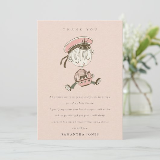Blush Pink Girl Little Sailor Nautical Baby Dusche Dankeskarte (Stehend Vorderseite)