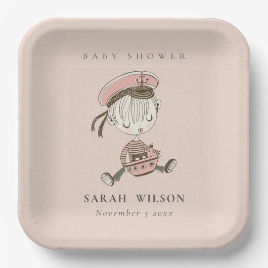 Blush Pink Girl Little Sailor Nautical Baby Dusche Pappteller (Vorderseite)