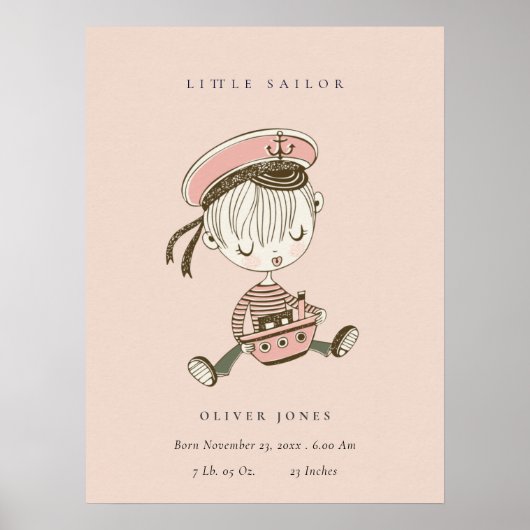 Blush Pink Girl Little Sailor Nautical Birth Stat Poster (Vorne)