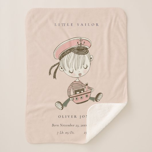 Blush Pink Girl Little Sailor Nautical Birth Stat Sherpadecke (Vorderseite)