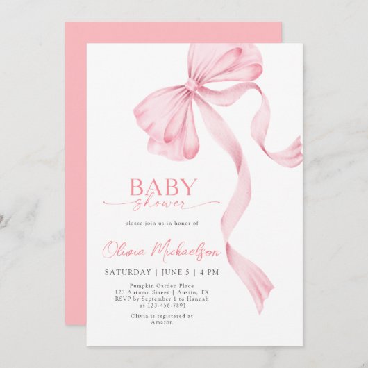 Blush Pink Girl Ribbon Bow Coquette Babydusche Einladung (Vorne/Hinten)
